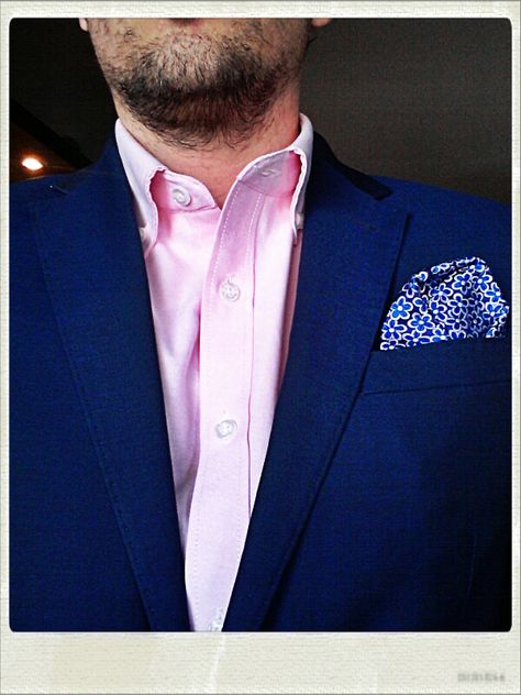 Today's outfit; pink oxford shirt, blue suit jacket with a floral handkerchief. Blue Suit Pink Shirt, Hoco Suits, Social Outfits, Mike Suits, Blue Colour Suit, Casual Wedding Outfit, Pink Shirt Men, Oxfords Outfit, Floral Handkerchief