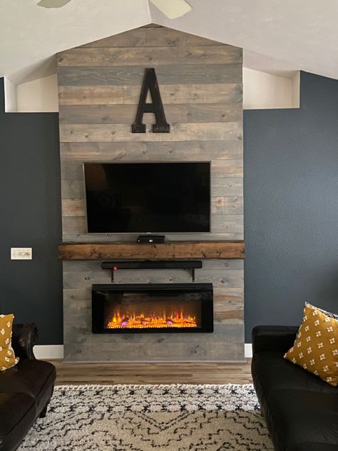 Wall Mounted Fireplace Electric And Tv, Floating Fireplace Under Tv, Fireplace Chase Ideas, Mantel With Fireplace Insert, Diy Fireplace Feature Wall, Corner Chimney Ideas, Fireplace With Tv Makeover, Floating Mantle Fireplace With Tv, Tv And Wall Mounted Fireplace