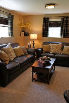 nice finished basement windows w/ blinds and rod and curtains. Gives formal look with window treatments. Basement Window Treatments, Dark Leather Couches, Basement Window, Traditional Family Room, Rustic Basement, Basement Windows, Casas Coloniales, Bright Rooms, Trendy Living Rooms