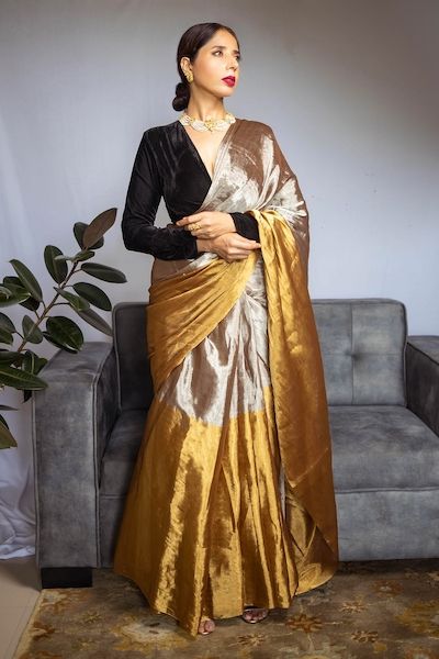 Buy Torani Blue Handwoven Chanderi Silk Organza Saree Online | Aza Fashions Glamour Party, Tissue Silk Saree, Bridesmaid Saree, Chanderi Silk Saree, Gold Blouse, Saree Blouse Designs Latest, Plain Fabric, Contrast Blouse, Blouse Designs Latest