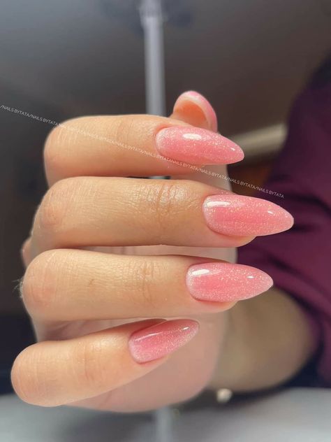 Pink Shine Nails, Light Pink Sparkly Nails, Nails Simple Pink, Pink Glittery Nails, Pink Sparkly Nails, Sparkling Nails, Almond Nails Pink, Baby Pink Nails, Glittery Nails