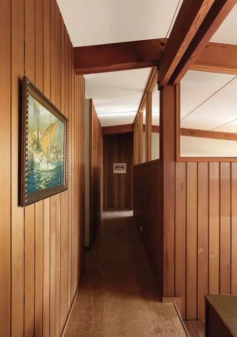 Revisited: Porter House | ArchitectureAu Wood Paneling House Exterior, 70s Closet, Mid Century Wood Paneling, Midcentury Entryway, Dream Hallway, Mockup Idea, 70’s House, Havana House, Dream Architecture