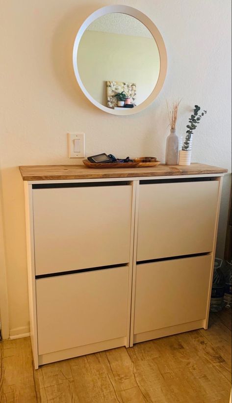 Ikea Hemnes Shoe Cabinet Wood Top, Ikea Bissa Hack Entryway, Ikea Bissa Shoe Cabinet Hack, Bissa Shoe Cabinet Hack, Ikea Bissa, Ikea Shoe Cabinet, Ikea Shoe, Narrow Entryway, Shoe Cabinets