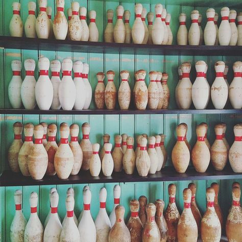 Vintage bowling pin collection @crackerjackjunk Old Bowling Alley, Vintage Bowling Aesthetic, Bowling Room, Bowling Vintage, Moodboard Pics, Raffle Box, Bowling Trophy, Door Tag, Trophy Display