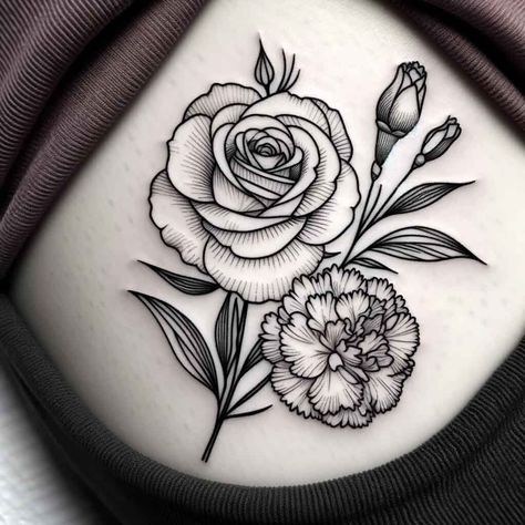 Carnation And Rose Bouquet Tattoo, Rose Birth Flower Tattoo, Honeysuckle And Rose Tattoo, Carnation And Rose Tattoo, Rose And Daisy Tattoo, Flower For June, Flower For January, West Tattoo, Carnation Flower Tattoo