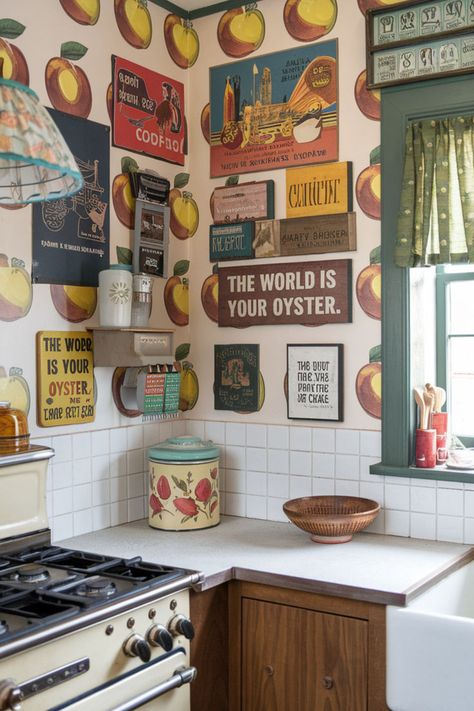 kitschy kitchen decor Retro Inspired Kitchen, Quirky Kitchen Ideas, Kitchen Eclectic, Kitschy Kitchen Decor, Kitchen Cottage, 70s Kitchen, Vintage Inspired Kitchen, Quirky Kitchen, Diner Decor