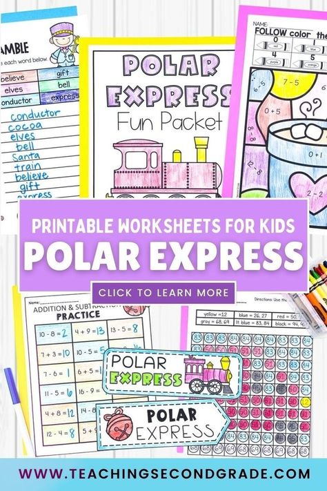 Looking for fun Christmas activities? This blog post shares creative ways to incorporate The Polar Express into your elementary school lessons using printable holiday worksheets. Ideal for 1st and 2nd graders, this guide offers engaging activities to help students explore the magic of The Polar Express while reinforcing key literacy and comprehension skills. Discover how to make your classroom's holiday season both educational and exciting with these fun and festive printable resources! Polar Express Printable, Polar Express Worksheets, Polar Express Activities, Worksheets For Elementary, Holiday Worksheets, Fun Christmas Activities, The Polar Express, Literacy Worksheets, Kids Worksheets Printables