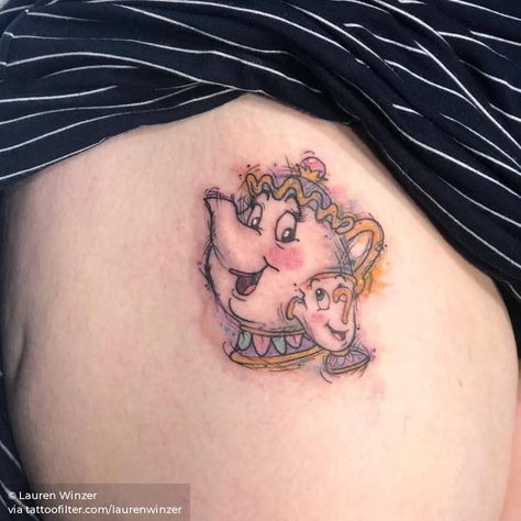 A little bit swollen but did this super fun Mrs Potts n baby Chip for Courtney! Thank you so so much! Chip Tattoo Beauty And The Beast, Chip And Mrs Potts Tattoo, Mrs Potts Tattoo, Mrs Potts And Chip Tattoo, Disney Characters Cartoon, Chip And Mrs Potts, Cute Disney Tattoos, Chip Tattoo, Mommy Daughter Tattoos