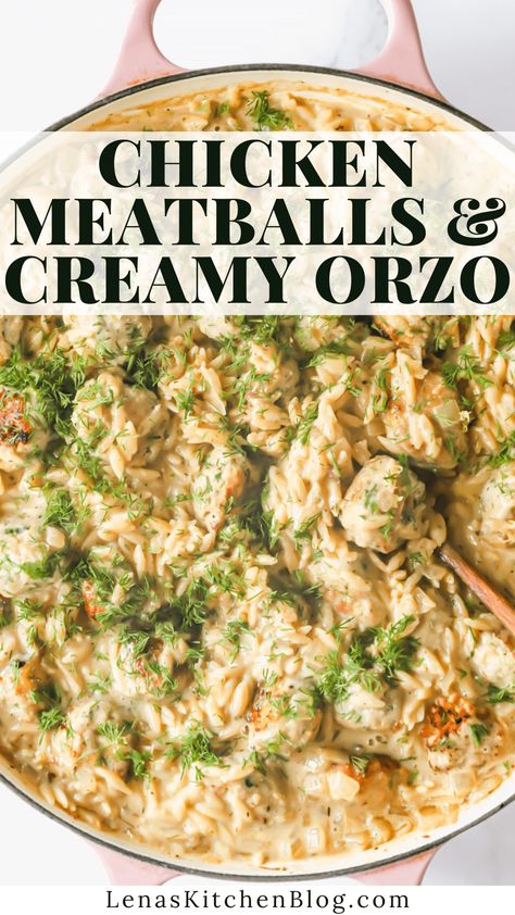 Keep dinner easy with Chicken Meatballs with Orzo. Homemade meatballs are cooked with orzo pasta, cheese, chicken broth, and lemon in one pan. It’s a well-balanced dinner the entire family will love! Baked Lemon Butter Chicken Meatballs With Creamy Spinach Orzo, Baked Lemon Rosemary Chicken Meatballs And Creamy Orzo, Crockpot Garlic Butter Chicken Meatballs With Creamy Orzo, Lemon Orzo Meatball, Swedish Meatball Orzo, Sides For Chicken Meatballs, Orzo Meatball Recipe, Chicken Lemon Ricotta Meatballs With Orzo, Lemon Chicken Meatballs With Orzo