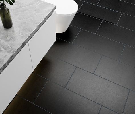 Black Bathroom Floors, Black Bathroom Floor Tiles, Black Tile Bathroom Floor, Black Bathroom Floor, Black Porcelain Tiles, Black Tile Bathrooms, Industrial Living Room Design, Deep Clean Bathroom, Black Stairs