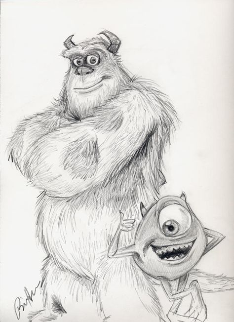 Mike And Sully Drawing, Mike And Sully, Disney Character Drawings, Spongebob Drawings, Disney Drawings Sketches, Disney Paintings, Monster Drawing, Mike Wazowski, Disney Art Drawings