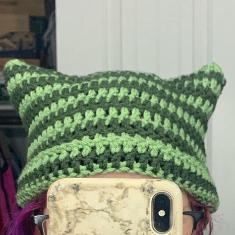 Sage Green And Forest Green, Crotchet Beanie, Cat Frog Hat Crochet, Crochet Cat Hat Frog, Green Crochet Beanie, Brown Cat Hat Crochet, Brown And Green Cat Beanie, Crotchet Beanies, Striped Cat Ear Beanie