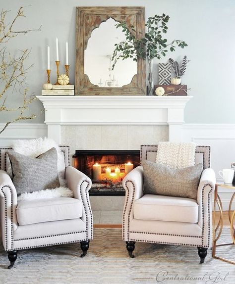 Classic Design: Flanking a Fireplace with Accent Chairs Fall Inspired Living Room, Mantel Styling, Fireplace Mantle Decor, Fireplace Mantel Decor, Living Room Design Inspiration, Plywood Furniture, Fireplace Mantle, Inspired Living, Mantle Decor