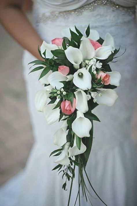 Elegant Bridal Bouquets, Lily Bridal Bouquet, Waterfall Wedding, Wedding Flower Girl Basket, Bridal Bouquet Pink, White And Pink Roses, Rose Bridal Bouquet, Wedding Bouquets Pink, White Bridal Bouquet