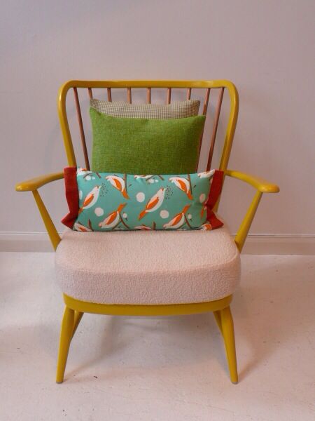 Ercol armchair painted with cushions Painted Ercol Chairs, Ercol Chair Upholstery, Armchair Upcycle, Ercol Sofa, Ercol Armchair, Ercol Dining Chairs, Ercol Chair, Ercol Furniture, Shed Interior