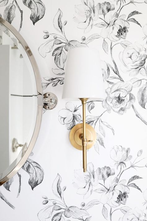 A Black and White Floral Bathroom Black And White Wallpaper Bedroom, White And Black Floral Wallpaper, Black White Floral Wallpaper, Floral Wallpaper Black And White, Black And White Bathroom Wallpaper, Floral Black And White Wallpaper, Wallpaper Bathrooms, Floral Wallpaper Bathroom, White Bathroom Wallpaper