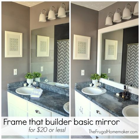 How to frame out that builder basic bathroom mirror (for $20 or less!) Bathroom Mirror Makeover, Bathroom Mirrors Diy, Mirror Makeover, Bathroom Mirror Frame, Gray Walls, Bad Inspiration, Bathroom Redo, Trendy Bathroom, Diy Mirror