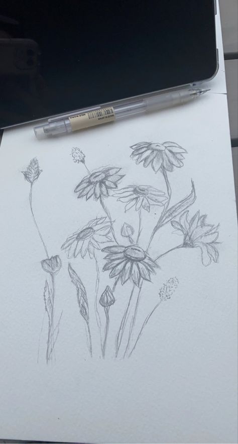 Flowers Growing Drawing, Grass And Flowers Drawing, Messy Flower Drawing, Field Flowers Drawing, Flower Field Drawing Pencil, Flower Field Sketch, Field Drawing Easy, Field Of Flowers Drawing, Flower Field Drawing