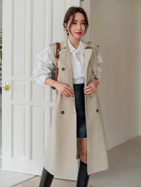 DAZY Double Breasted Belted Vest Trench Coat | SHEIN USA Trench Vest Outfit, Raglan Sleeve Jacket, Chiffon Coat, Drop Shoulder Coat, Trench Vest, Double Breasted Overcoat, Floral Print Jacket, Solid Hoodie, Puffer Coats