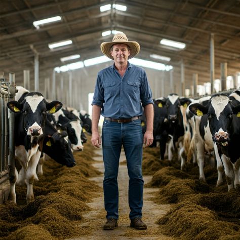 Dairy farmer standing confidently among Holstein cows in large, well-lit barn Animal Management, Dairy Farming, Modern Farmer, Dairy Industry, Holstein Cows, Dairy Farm, Milk Production, Sustainable Agriculture, Sustainable Farming