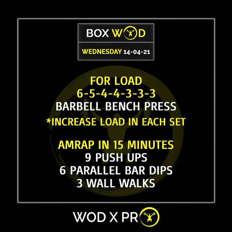 Bench Press Wod Crossfit, Chest Crossfit Wod, Bench Press Crossfit Workout, Barbell Bench Press, Triceps Dips, Emom Workout, Workout Of The Day, Cross Training Workouts, Push Day