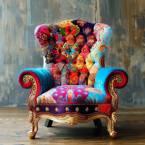 Funky Armchairs, Patchwork Furniture, Colourful Living Room Decor, Unusual Furniture, Vintage Armchair, Whimsical Furniture, Boho Chair, Futuristic Furniture, Colourful Living Room