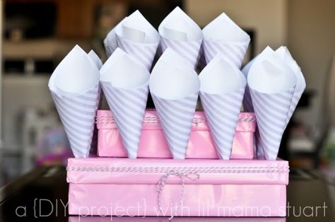 DiY popcorn cones and display box made with scrap book paper, shoe boxes and parchament paper.  Easy! Pijamas Party Ideas, Popcorn Cones, Popcorn Holder, How To Make Popcorn, Diy Popcorn, Cones Diy, Doc Mcstuffins Birthday Party, Lil Mama, Candy Cone