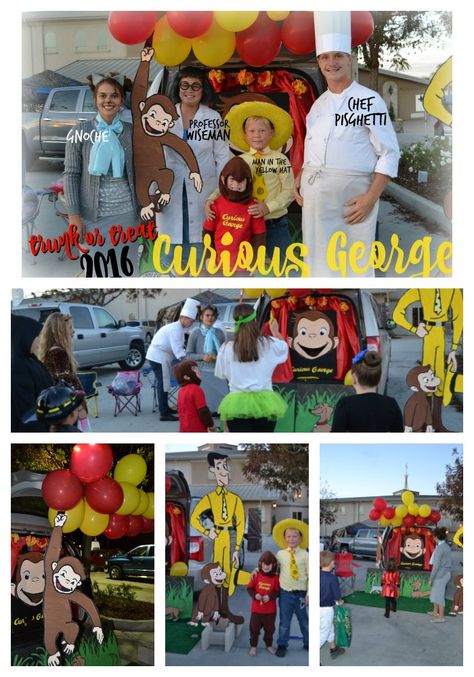 trunk or treat. curious george. feed the monkey activity. Curious George Trunk Or Treat Ideas, Monkey Trunk Or Treat, Curious George Trunk Or Treat, Feed The Monkey, Posing For Pictures, Curious George Birthday Party, Trunk Or Treat Ideas, Curious George Birthday, Treat Ideas