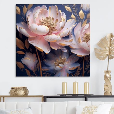 This beautiful "Pink Peony Art Deco On Blue" Canvas Art is printed using the highest quality fade resistant ink on canvas. Every one of our Floral Wall art is printed on premium quality cotton canvas. Navy Blue And Pink Office, Pink And Gold Office, Desk Vibes, Grey And Pink Living Room, Blue And Pink Living Room, Blue And Gold Living Room, Blue And Gold Bedroom, Pink Peonies Art, Yard Oasis