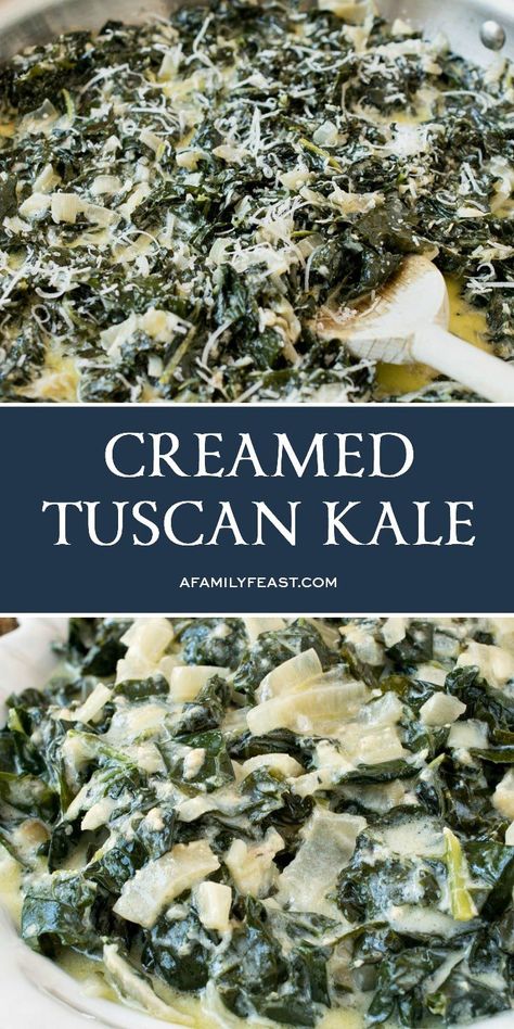 Creamed Tuscan Kale is delicious comfort food that's loaded with healthy Tuscan Kale. Kale And Spinach Recipes, Cooked Kale Recipes, Kale Dishes, Kale Recipes Healthy, Tuscan Kale, Creamed Kale, How To Cook Kale, Kale And Spinach, Kale Recipes