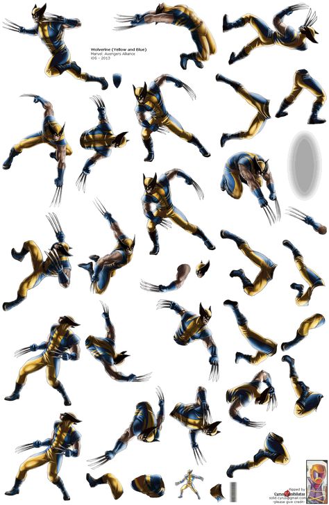 Wolverine (Yellow & Blue) Wolverine Pose Reference, Hero Poses, Posing Reference, Marvel Avengers Alliance, Avengers Alliance, Video Game Sprites, Wolverine Art, Game Sprites, Comics Marvel