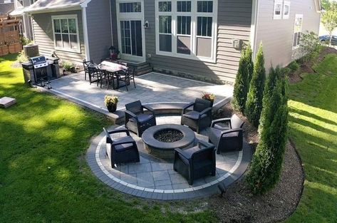 Backyard Concrete Patio With Fire Pit, Pavers Backyard Fire Pit, Fire Pit Off Deck Ideas, Two Tiered Patio, Front Yard Landscaping Ideas Low Maintence, Sloped Backyard Patio Ideas, Backyard Concrete Patio Designs Layout, Backyard Patio Pavers Layout, Concrete Patio With Grill Area