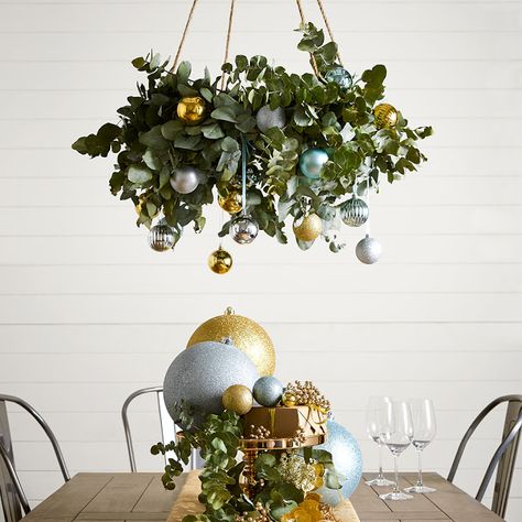 Hanging Wreaths From Ceiling, Christmas Chandeliers, Christmas Chandelier Decor, Native Christmas, Christmas Decorations Australian, Christmas Chandelier, Diy Christmas Table, Aussie Christmas, Australian Christmas