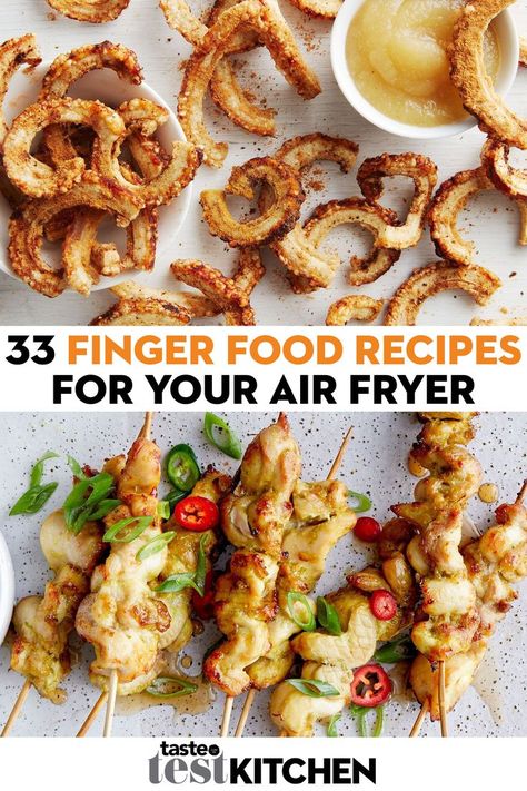 We recently challenged our experts to fully cater for a party using just their trusty air fryer…. and we can’t believe how well they pulled it off! Get ready for nibbles that will blow your guests’ minds. From mini sausage rolls to cheesy dough balls, a Filipino version of spring rolls to chips made from pork crackling. Party season is coming – and your air fryer is SO here for it. #tastetestkitchen Air Fryer Nibbles, Mini Sausage Rolls, Brazilian Snacks, Pork Crackling, Finger Food Recipes, Salmon Patties, Delicious Burgers, Taste Test, Sausage Rolls