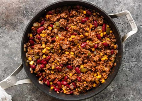 Tamale casserole is a delicious baked Tex Mex meal with ground beef, corn, and Jiffy cornbread topping. Make this recipe in one pan for easy cleanup! #TexMexMeals #MexicanCasserole #TamaleCasserole #OnePanDinners Meal With Ground Beef, Cornbread Topping, Easy Tamales, Easy Ground Beef Casseroles, Egg Bake Casserole, Tamale Casserole, Beef Tamales, Beef Casseroles, Verde Sauce