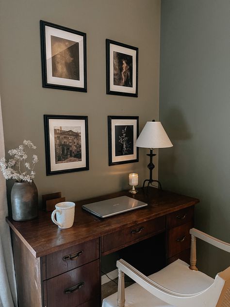 Cozy Wfh Office, Home Office Cat Room, Small Moody Office Inspiration, Virtual Therapy Office, Study Spare Room Ideas, Earth Tone Home Office, Small Office In Living Room, Moody Workspace, Moody Small Office