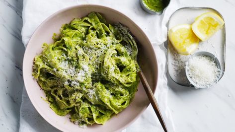 Adam Liaw's fettuccine with spring green pesto Green Spaghetti Recipe Mexican, Green Spaghetti Recipe, Best Pesto Recipe, Classic Pesto Recipe, Summer Pasta Recipes, Almond Pesto, Parsley Pesto, Basil Pesto Recipes, Recipe Mexican