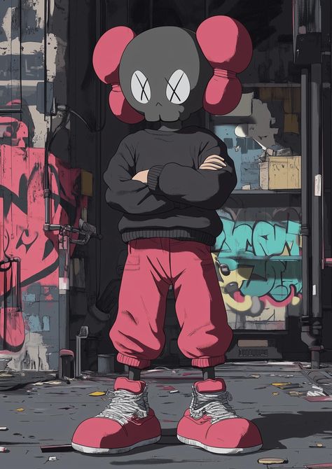 Add a touch of urban sophistication to your space with this vibrant KAWS-inspired street art poster. Featuring a bold and contemporary cartoon character in a mix of black and pink hues, this artwork is perfect for fans of modern pop art, street art enthusiasts, and collectors alike. The character stands confidently with arms crossed, set against a gritty graffiti backdrop that captures the essence of urban culture. Whether you're looking to liven up your living room, bedroom, office, or studio, Kaws Pop Art, Simple Character Art, Graffiti Cartoon Characters, Graffiti Backdrop, Graffiti Art Style, Graffiti Inspiration, Street Art Poster, Graffiti Character, Graffiti Cartoon