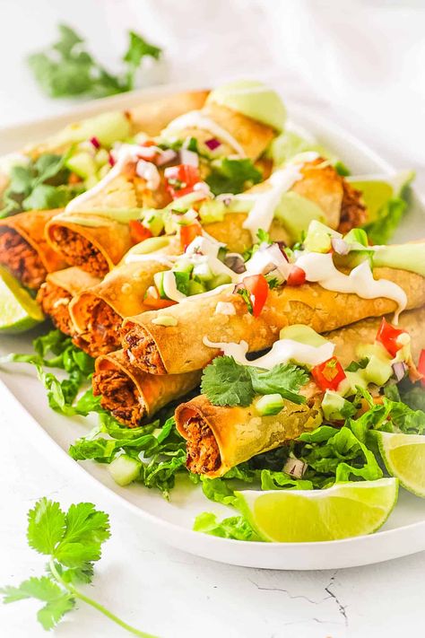 Vegan Taquitos | The Picky Eater Vegan Taquitos Recipe, Vegan Taquitos, Cilantro Lime Rice Recipe, Mexican Side, Lime Rice Recipes, Vegan Ground Beef, Taquitos Recipe, Gluten Free Plant Based, Mexican Side Dishes