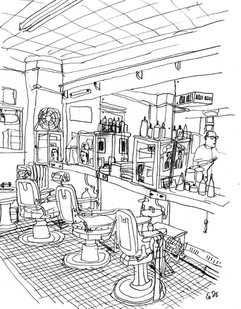 Barber Shop Architecture, Hair Salon Drawing, Architectural Perspective, Barber Shop Interior, Perspective Sketch, Window Architecture, Shop Window Stickers, Shop Sign Design, Senior Home Care