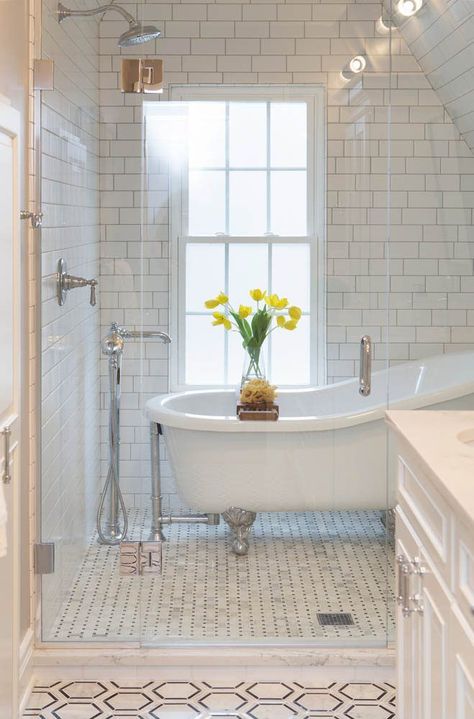 Claw Tub Shower Combo, Bathroom Remodel Clawfoot Tub, Wet Room With Bath, Clawfoot Tub Shower Combo, Bathrooms With Clawfoot Tubs, Wet Bathroom Ideas, Tub Bathroom Ideas, Bathroom With Clawfoot Tub, Clawfoot Tub Bathroom