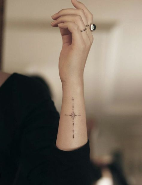 Best Star Tattoos, Unique Christian Tattoos, Star Tattoos For Men, Cross Tattoo On Wrist, Small Cross Tattoos, Shooting Star Tattoo, Biblical Tattoos, Cross Tattoo Designs, Religious Tattoos