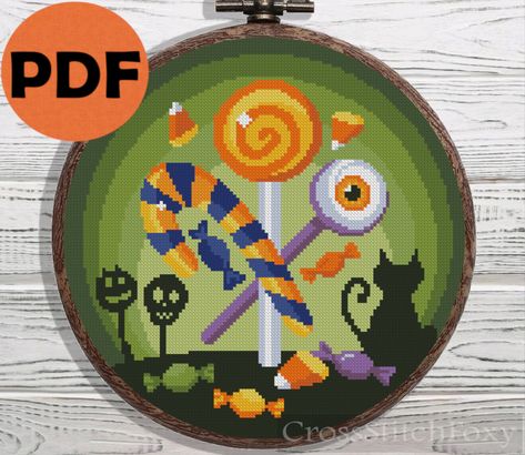 Candy Cross Stitch, Horror Cross Stitch, Stitch Horror, Pumpkin Cross Stitch Patterns, Cupcake Cross Stitch, Halloween Candies, Pumpkin Moon, Halloween Cross Stitch, Pumpkin Cross Stitch