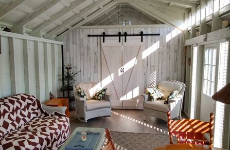 Sheds with Porches | 17 Unique Ideas For Your Cabin Shed Shed Cabin Interior, Hangout Shed, Inside She Shed Ideas, Shed Hangout Ideas, Potting Shed Interior Ideas, Shed Interior Ideas, Shed Conversion Ideas, She Shed Interior Ideas, She Shed Decorating Ideas