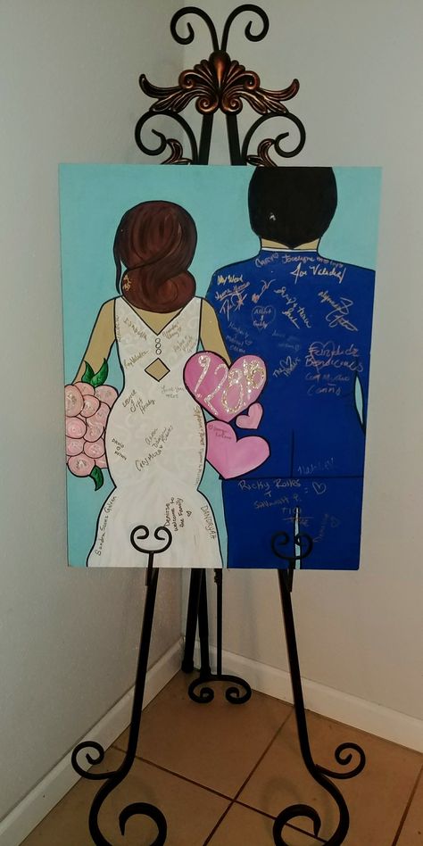 custom wedding sign in board. alternate guest book. painted by @trillyne on IG Wedding Canvas Ideas Painting, Wedding Canvas Painting Diy Gift Ideas, Wedding Painting Ideas, Guest Book Wedding Ideas, Wedding Guest Book Painting, Book Wedding Ideas, Wedding Disney, Purple And Gold Wedding, Wedding Canvas