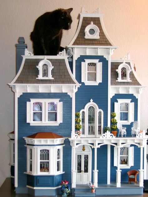 1:12 scale Victorian #dollhouse  with Tuffy the BluKat : ) from Blukatdesign Blue Dollhouse Exterior, Victorian Cat House, Doll House Colors Schemes, Victorian Dollhouse Exterior, Dollhouse Color Schemes, Painted Dollhouse, Beacon Hill Dollhouse, Blue Dollhouse, Victorian Dollhouse Miniatures