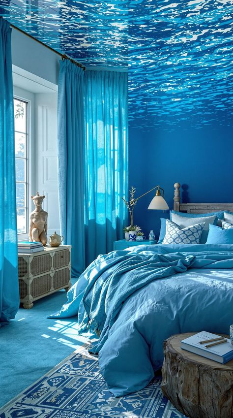 coastal bedroom decorating Sea Inspired Bedroom, Underwater Bedroom Theme, Underwater Room Aesthetic, Ocean Mural Bedroom, Under The Sea Bedroom Ideas, Siren Bedroom, Sea Bedroom Ideas, Blue And Cream Bedroom, Sea Bedrooms