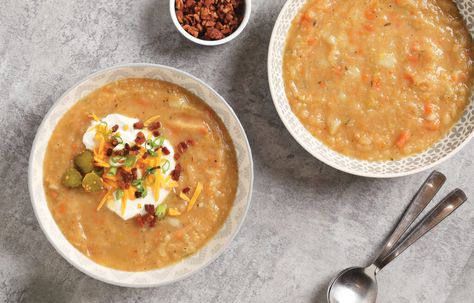 Fully Loaded Potato Soup – Eat Well Loaded Potato Soup, Loaded Baked Potato, Loaded Potato, Diced Carrots, Guy Fieri, Bacon Bits, Russet Potatoes, Dill Pickle, Eat Well