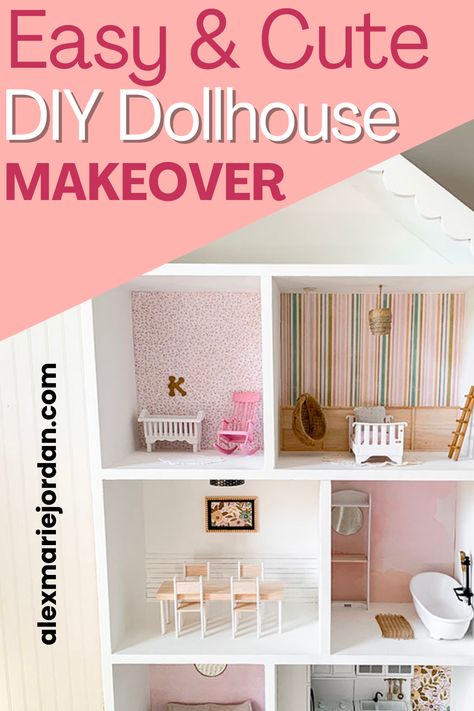 Easy DIY project idea to makeover a dollhouse. This DIY toys idea is something fun you and your child can do together. A simple diy dollhouse ideas with miniature furniture, wallpaper, and how to make a diy dollhouse easily! Dollhouse Makeover Diy, Kidkraft Dollhouse, Dollhouse Makeover, Dollhouse Bookshelf, Dollhouse Bookcase, Furniture Wallpaper, Dollhouse Decorating, Barbie Dollhouse, Cute Diy Projects