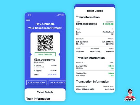 Confirmed Ticket Screen- Train Ticket Booking App by Unmesh Gite on Dribbble Train Ticket Booking, Driver App, Train Ticket, Booking App, History Page, Bus Tickets, Train Tickets, Screen Design, Global Community